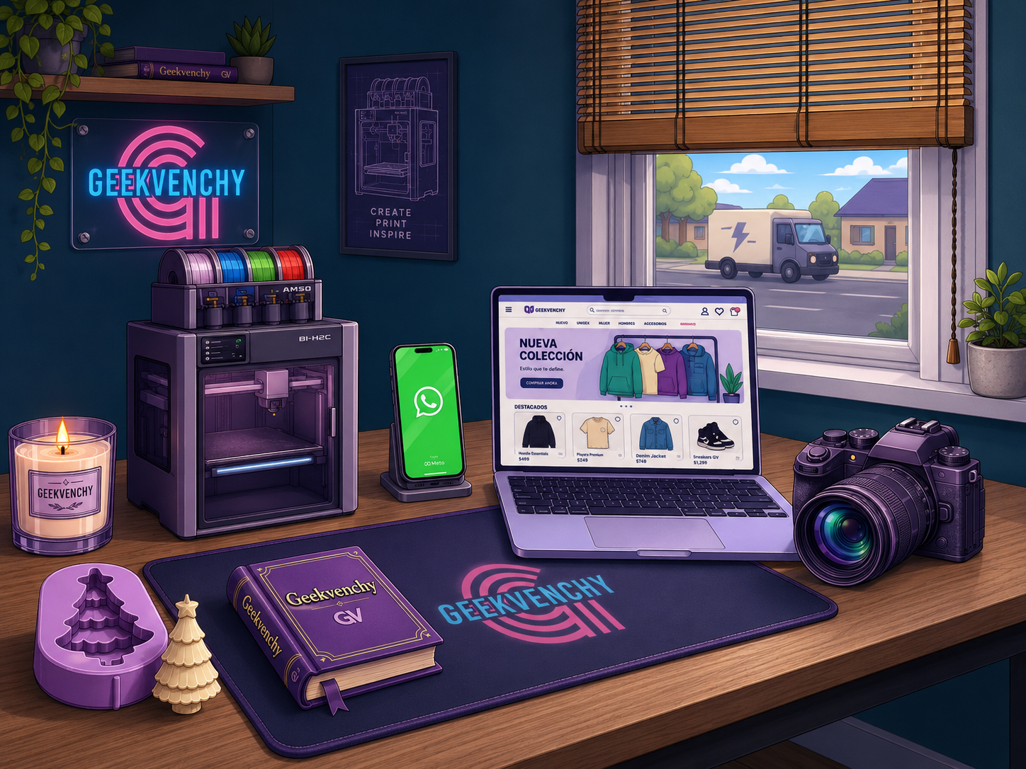 Estudio Geekvenchy con objetos interactivos para navegar categorías